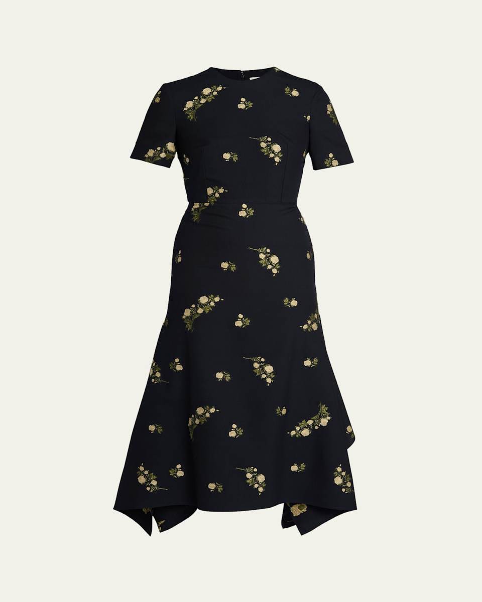 Floral Wool & Cotton Short-Sleeve Midi Dress